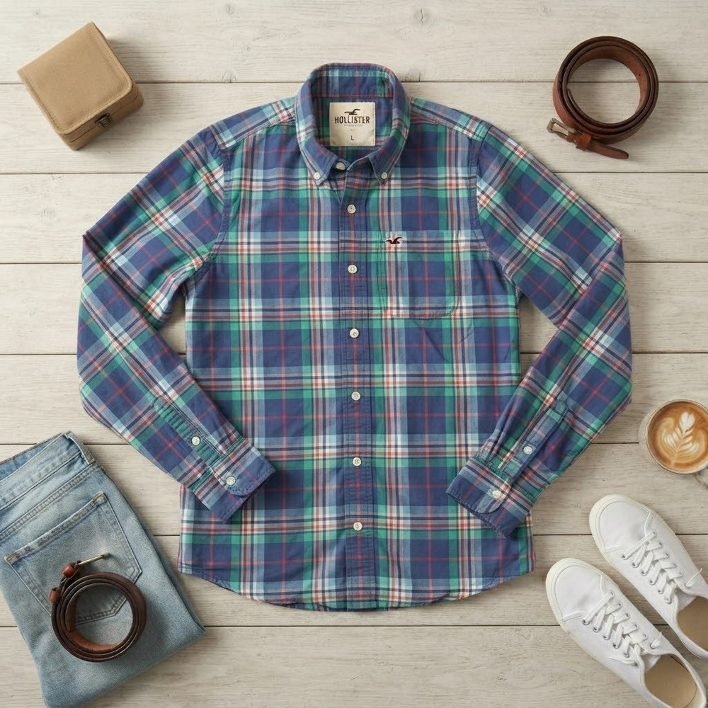 Hollister Mens Blue Green Plaid Long Sleeve Button Down Shirt Large Seagull Logo